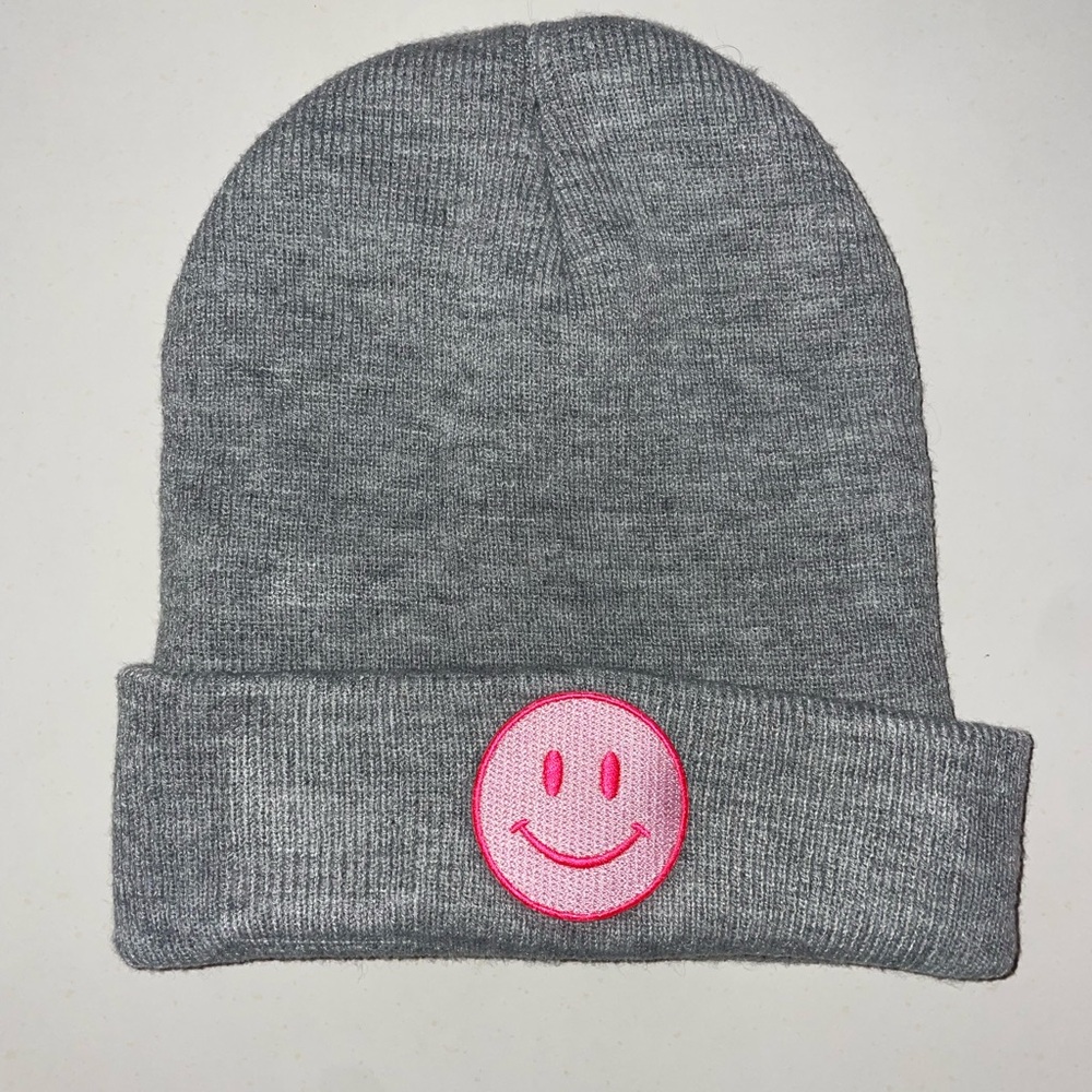 Gray Beanie with Pink Smiley Patch
